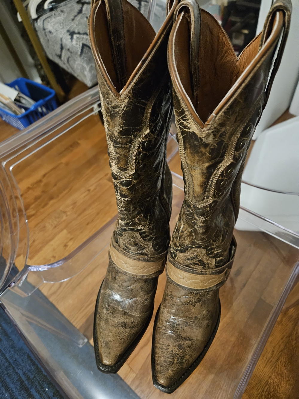 Dan Post Distressed Brown/Tan Western Harness Heeled Boots